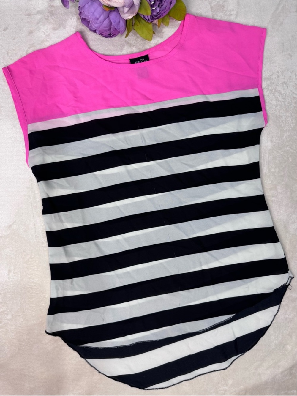 Rue 21 Black White and Pink Striped Blouse